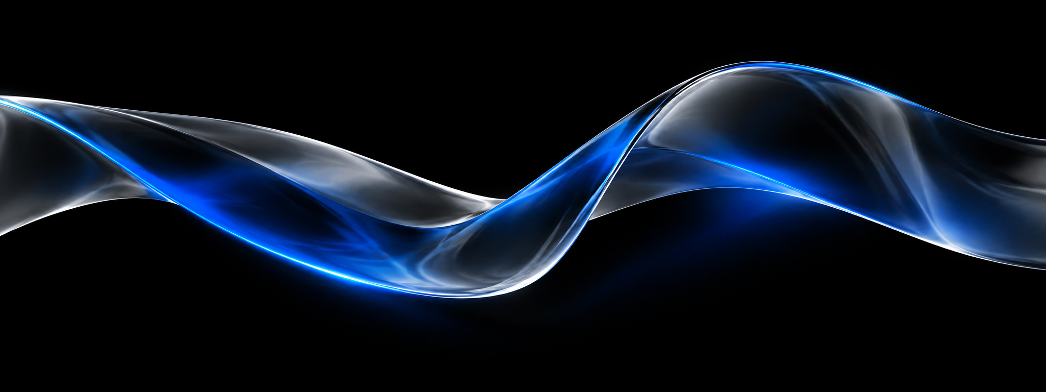 The wave on black: a sheet of clear glass sweeping across the frame, refracting blue and silver light